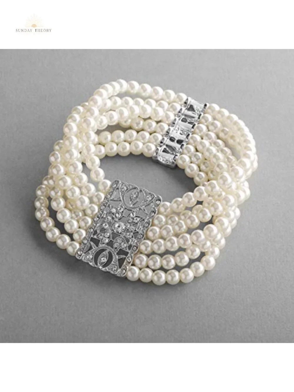 Vintage Ivory Pearl Crystal Stretch Cuff Bracelet 6-7